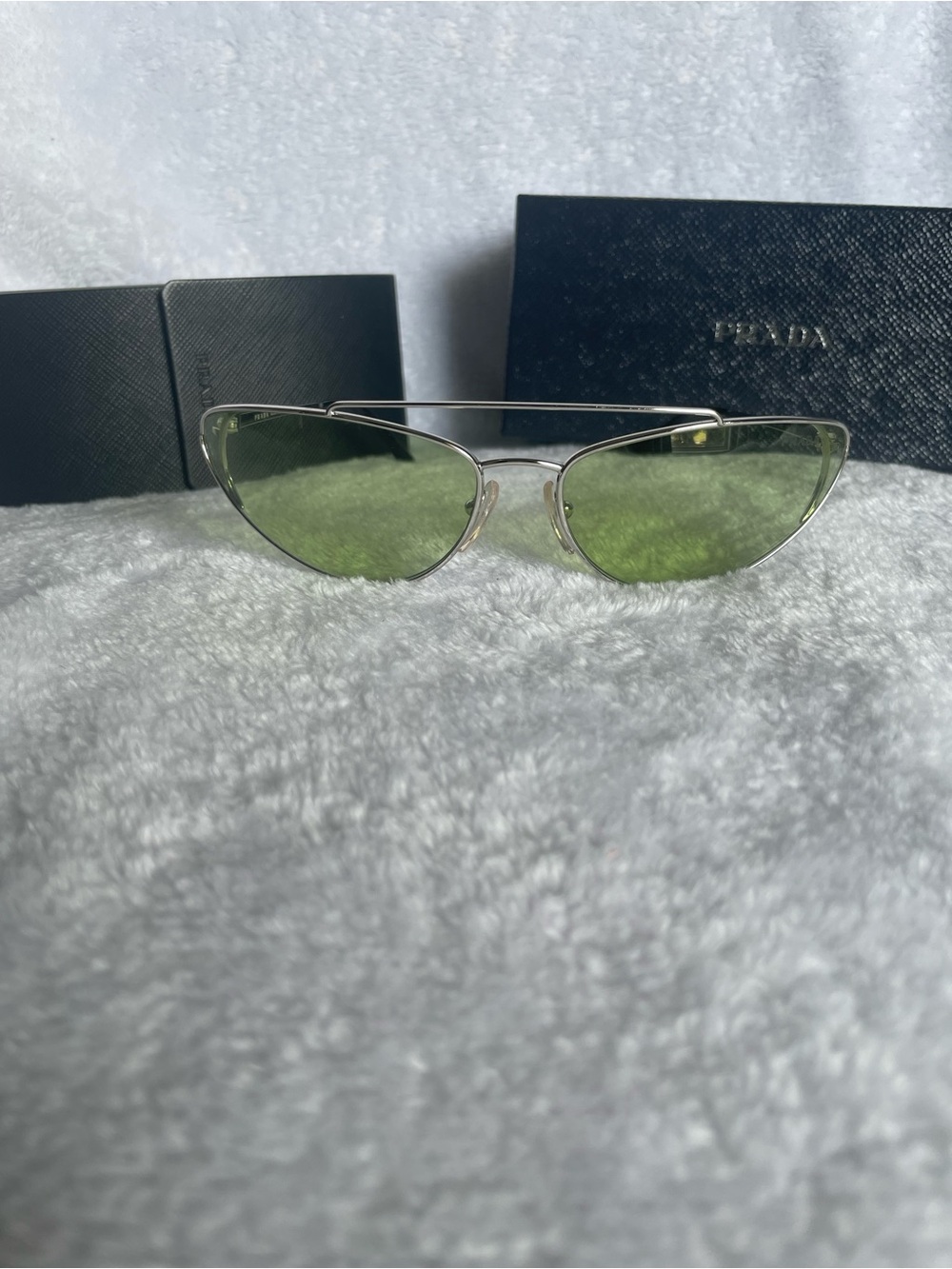 Prada Silver Metal Cat-Eye Sunglasses with Green Lenses